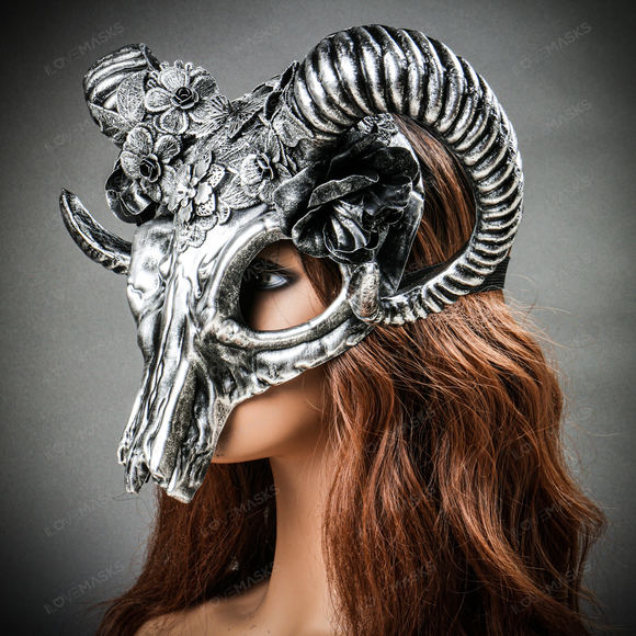 Antelope Devil Ram Horn Skull Ghost Masquerade Mask - Black Silver - Picture 3 of 9